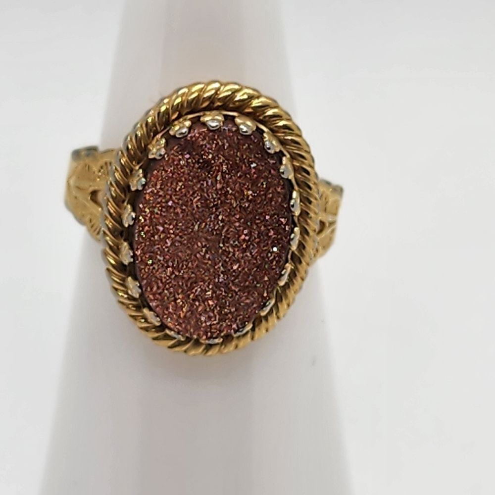 Gold Tone & Goldstone Glass Ring (5.5)